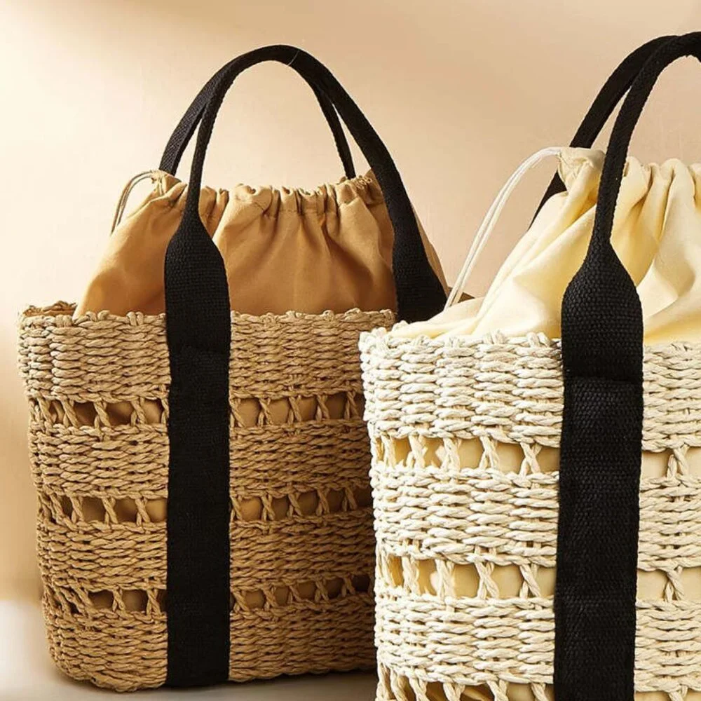 Crochet Straw Tote with Black Strap/NWOT - Picture 3 of 11